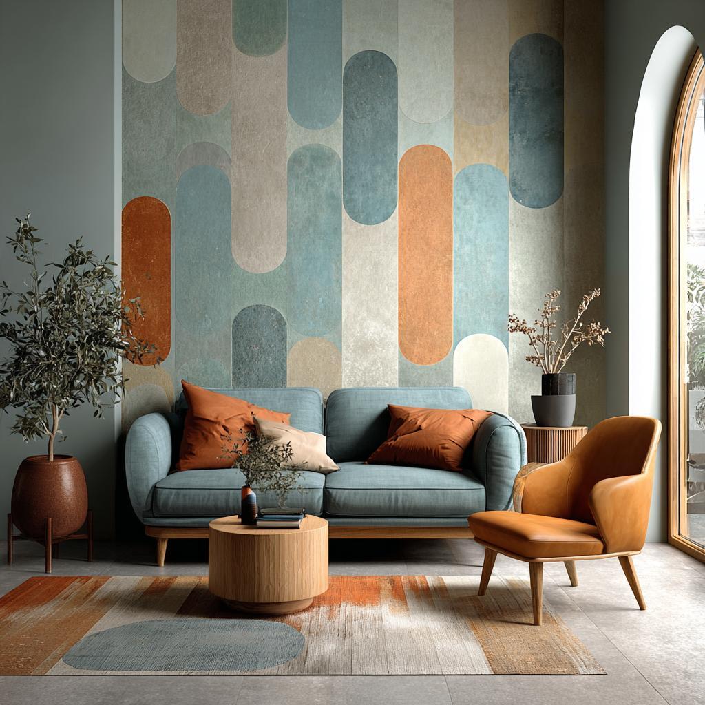 Capsule patterns in teal and orange make bold wall painting designs for living room.