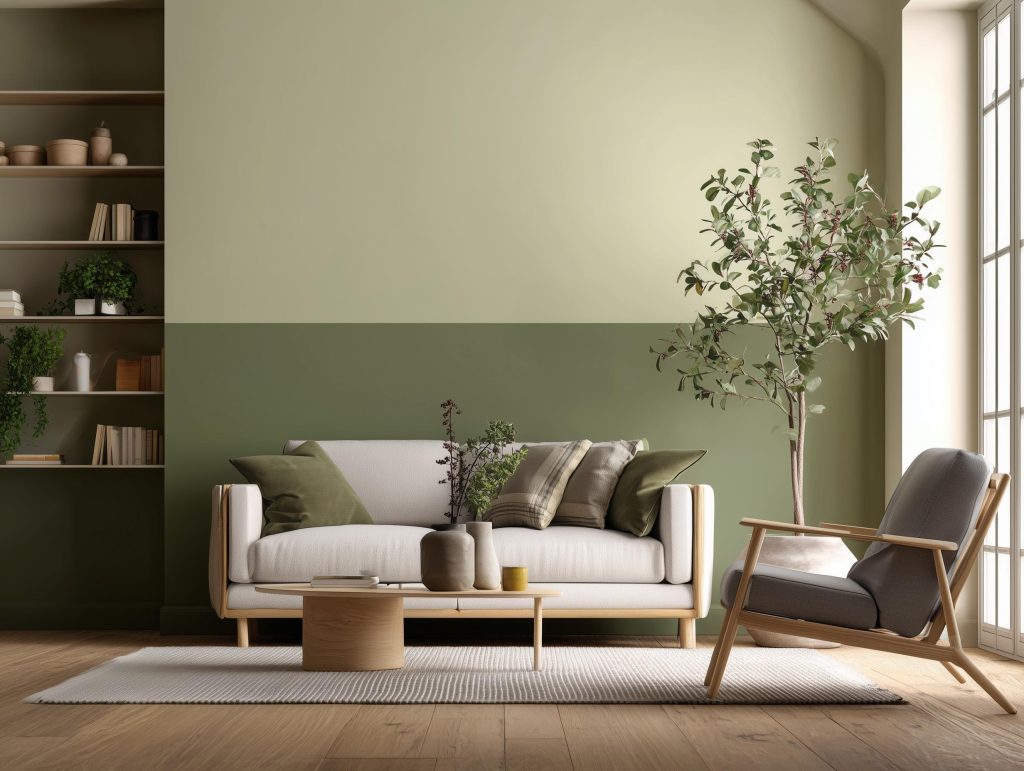 Two-tone green split creates simple wall painting designs for living room and modern homes.