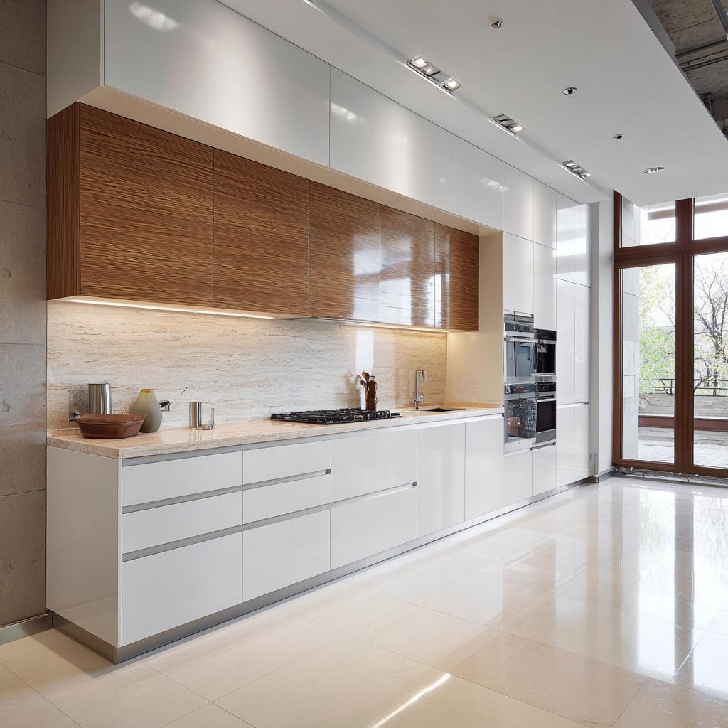 Large modern kitchen with white drawers and wood uppers made from kitchen cabinet materials.