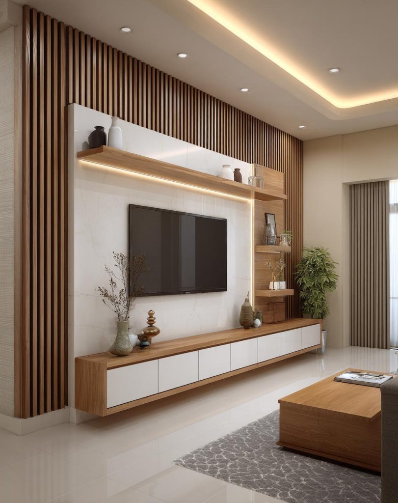 Vertical wooden slats and marble backdrop follow latest tv panel design trends 2026.