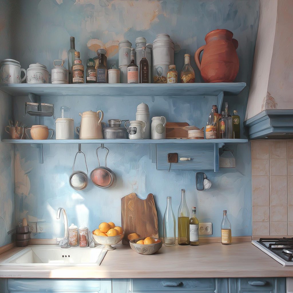 Light blue shelves and textures define this rustic kitchen wall painting design aesthetic.
