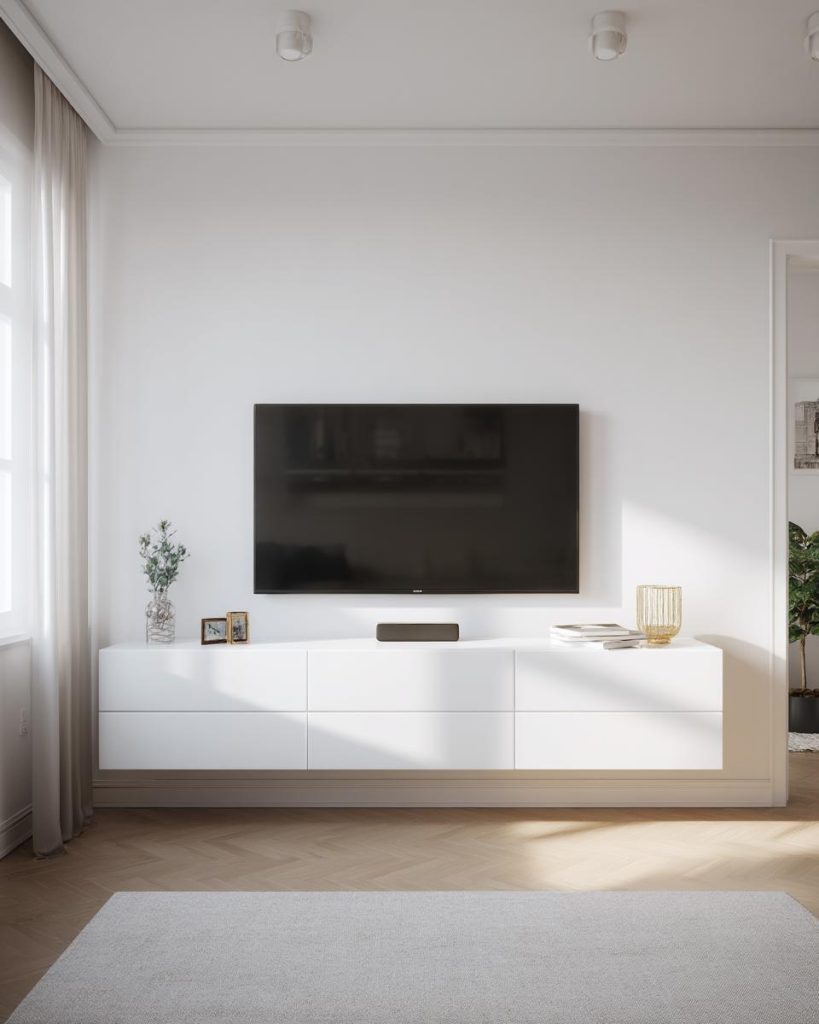 Minimalist all white low cost simple tv panel design with a sleek floating console unit.