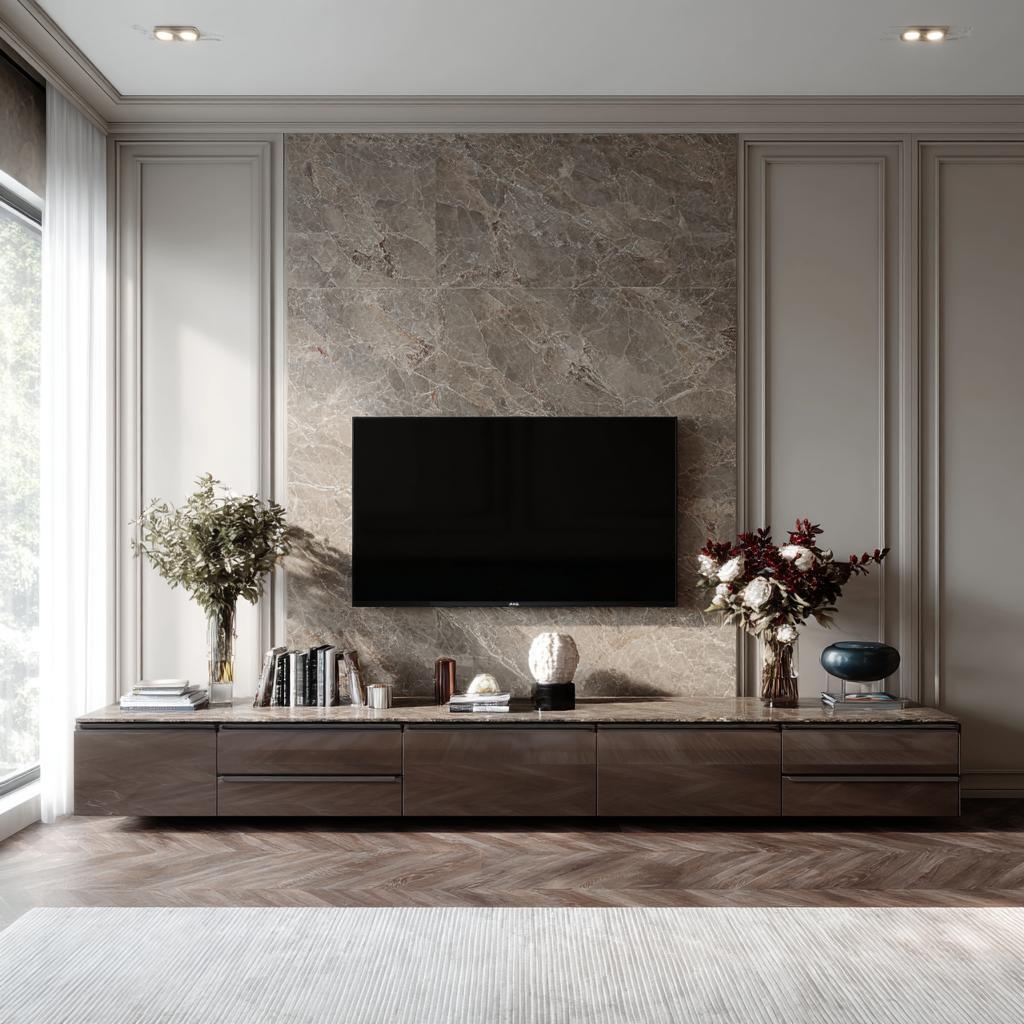 Elegant marble texture on a luxury tv panel design for drawing room with dark console.