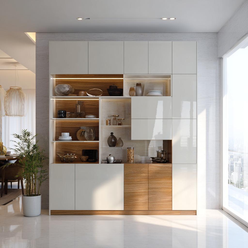 Tall white and oak storage cabinet demonstrating modular kitchen cabinet materials utility.