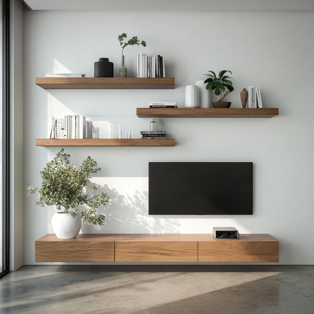Wood floating shelves in creative tv panel designs for small living room wall setups.