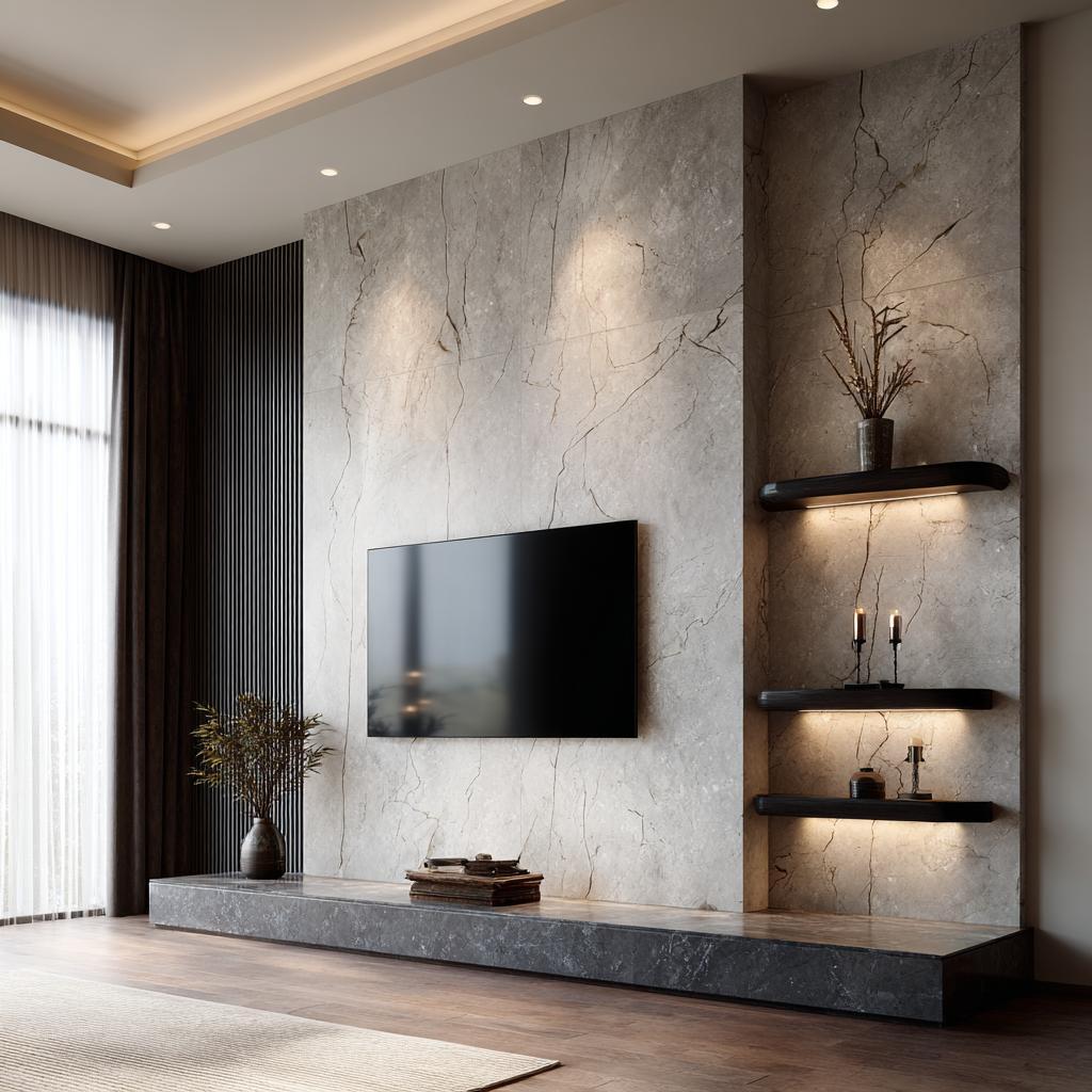 Contemporary stone finish used in a custom tv panel design with black display shelving.