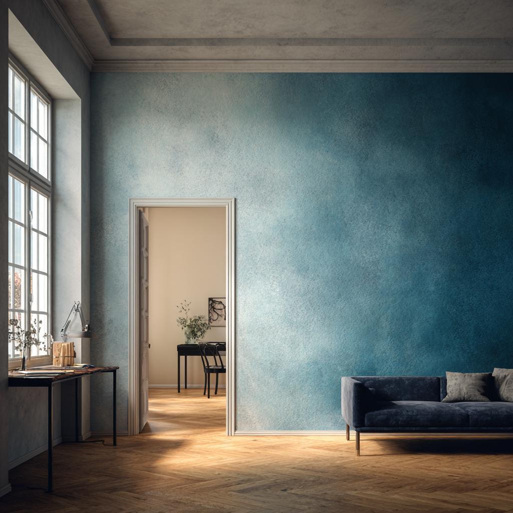 A soft blue stippled texture creates artistic wall painting designs for hall entrances.