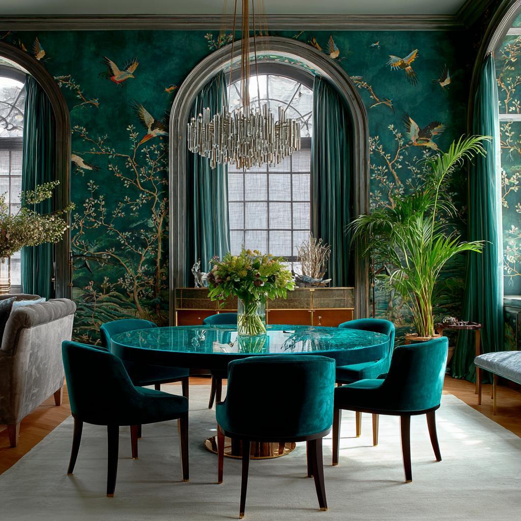 Luxurious peacock green colour combination for wall with floral mural, velvet chairs and elegant chandelier