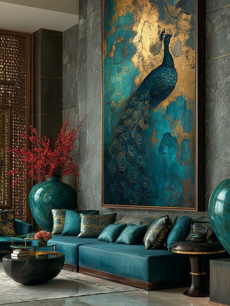 Elegant peacock green colour combination living room with peacock artwork, teal sofa and gold accents