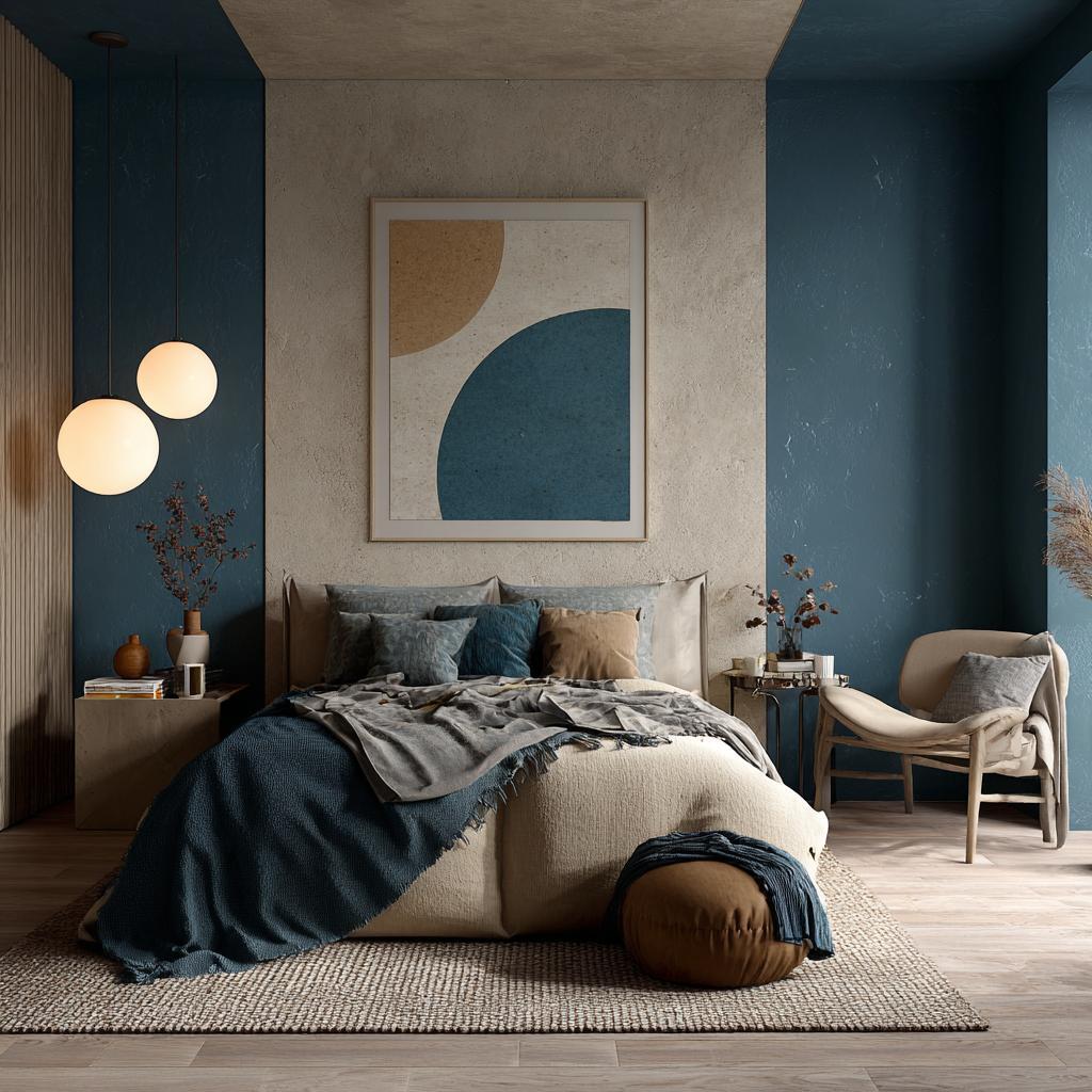 Modern peacock green contrast colour bedroom with teal walls, neutral bedding and minimalist decor