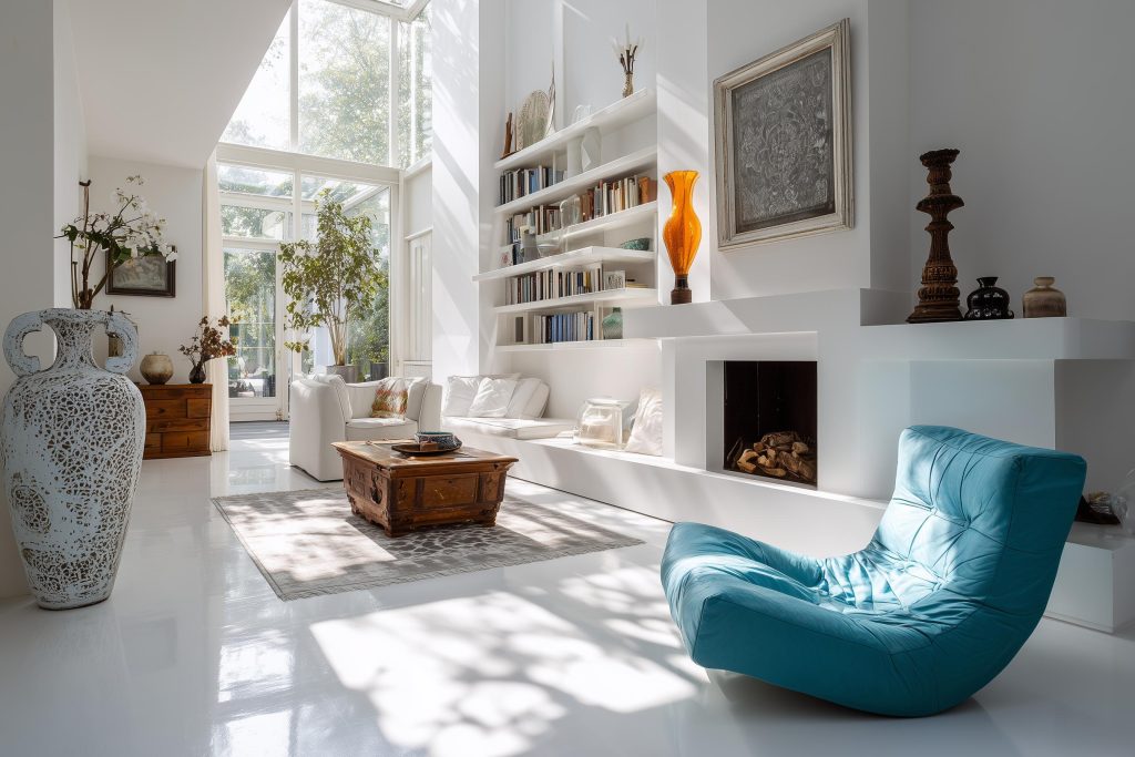 Bright colour combination with peacock green living room with white interiors, teal chair and natural light