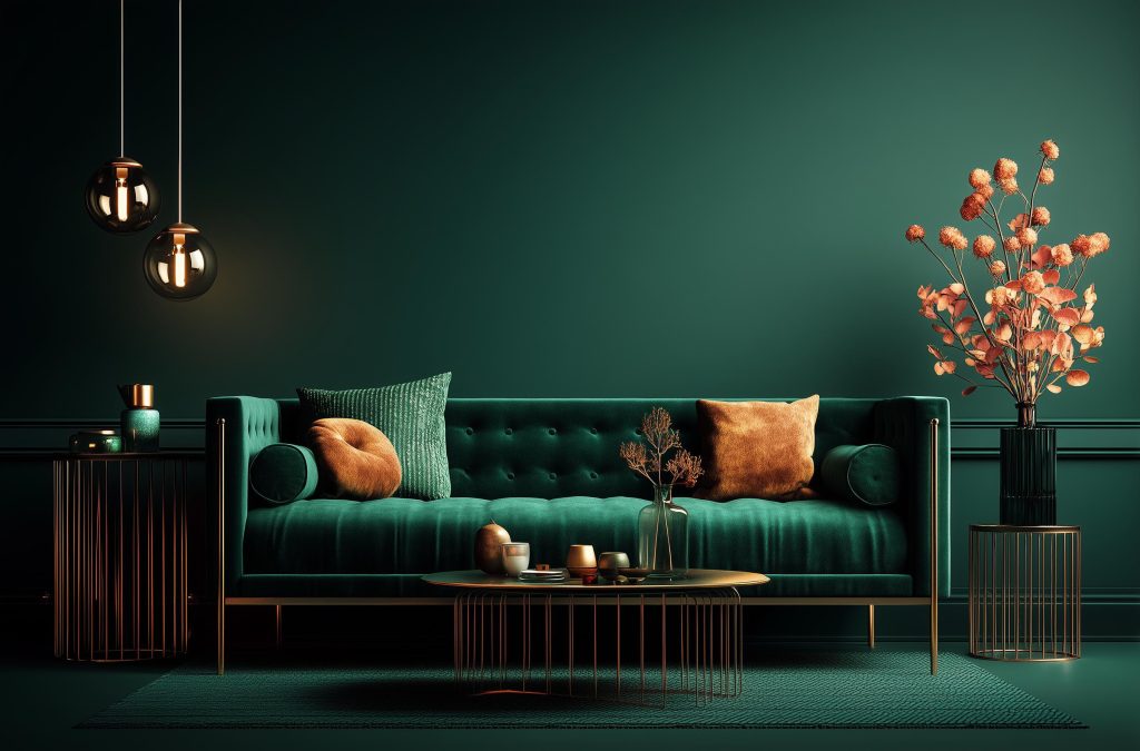 Stylish peacock green contrast colour living room with velvet sofa, gold accents and modern lighting