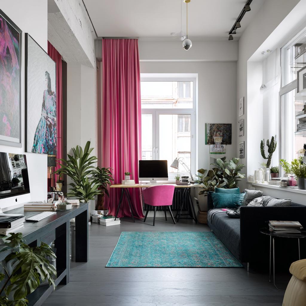Vibrant peacock green contrast colour living room with pink curtains, teal rug and modern workspace setup
