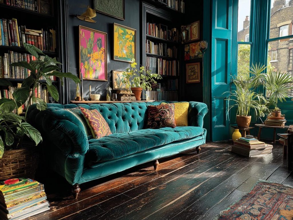 Elegant colour combination for peacock green living room with velvet sofa, bookshelves and artistic decor