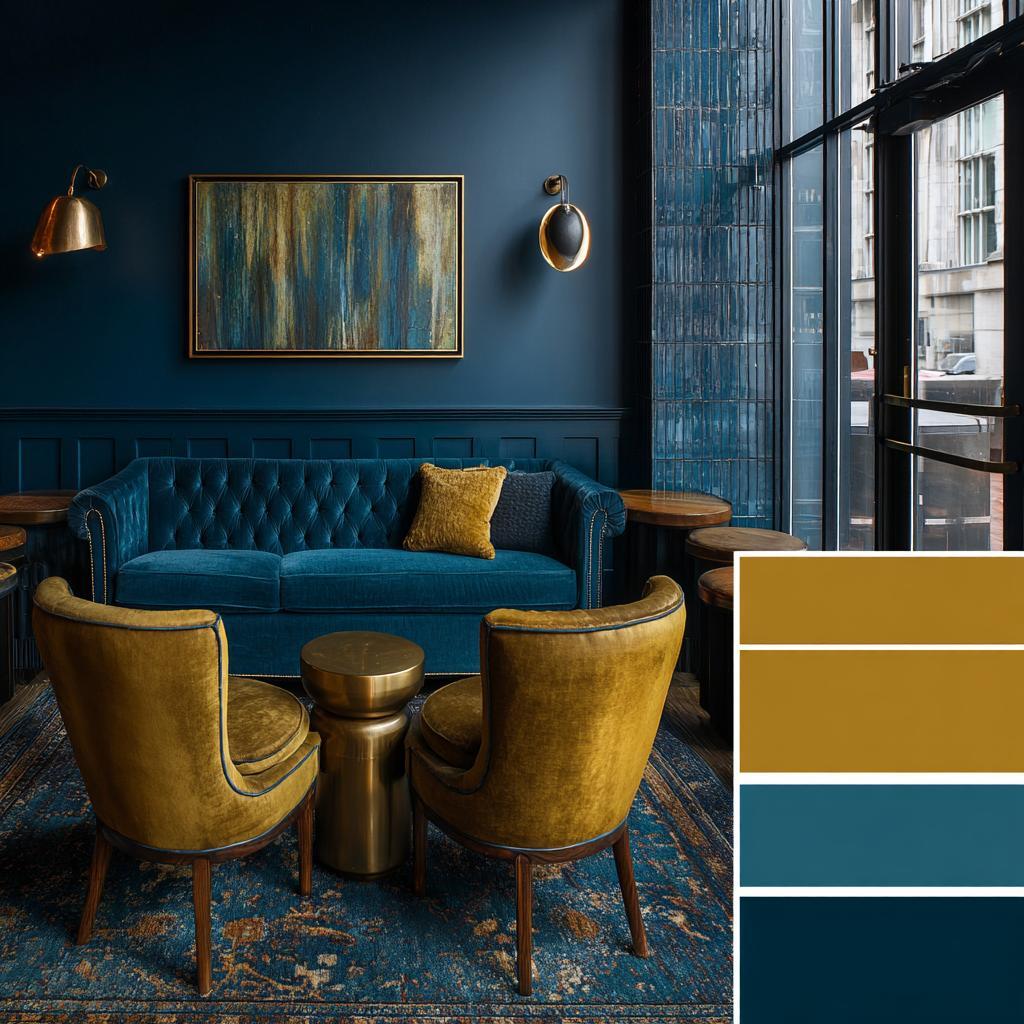 Elegant colour combination for peacock green living room with velvet sofa and bookshelf decor