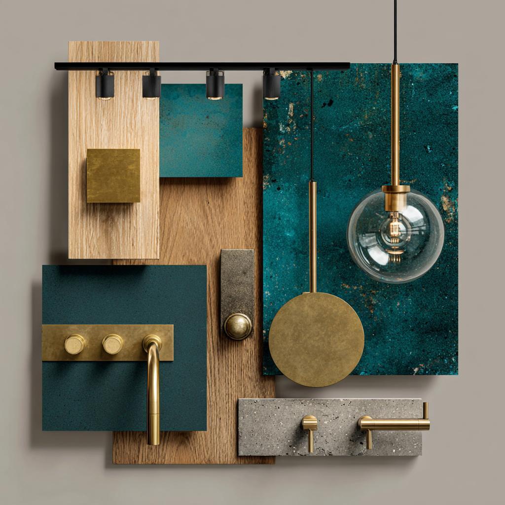 Modern peacock green colour combination decor board with brass fixtures, wood textures and teal panels