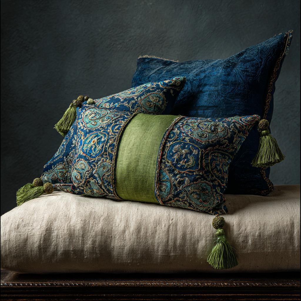 Stylish colour combination with peacock green cushions with tassels and rich textured fabric design