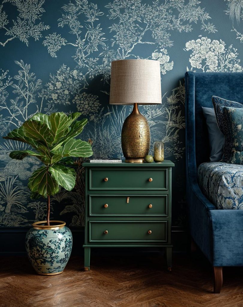 Elegant peacock green colour combination for wall bedroom corner with floral wallpaper and green bedside table