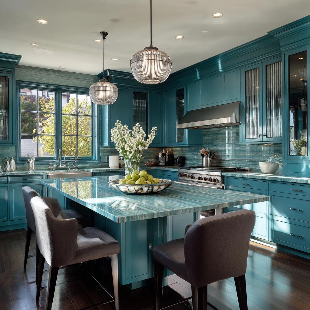 Elegant peacock green colour combination for wall kitchen with teal cabinets, marble island and pendant lighting