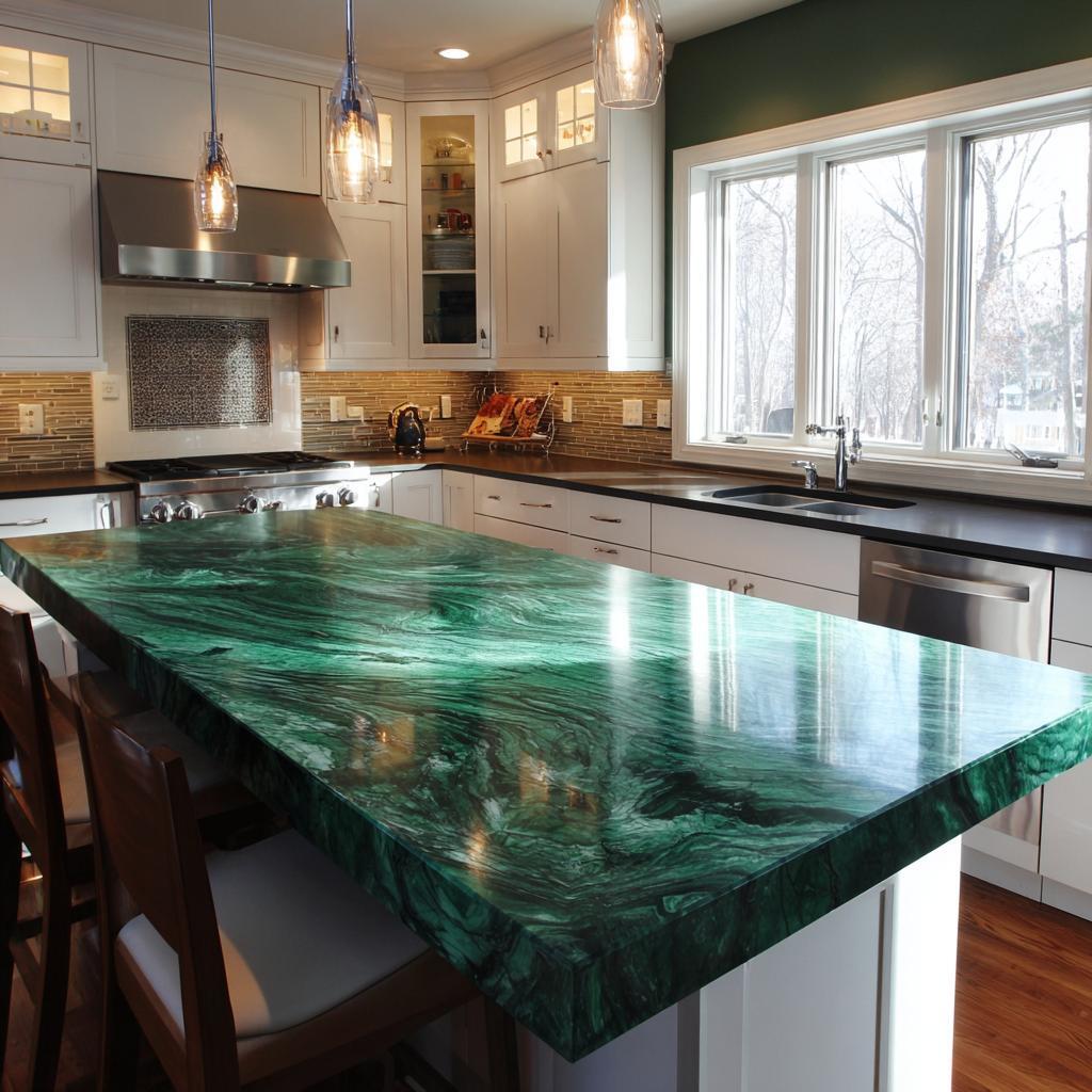 Modern colour combination for peacock green kitchen with marble island, glossy countertop and warm lighting