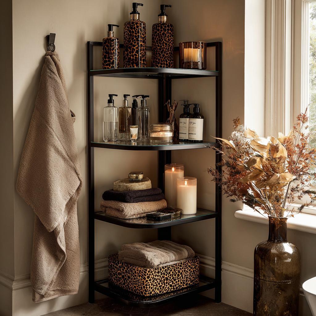 Modern glass corner shelf bathroom with stylish toiletries, candles and neatly folded towels