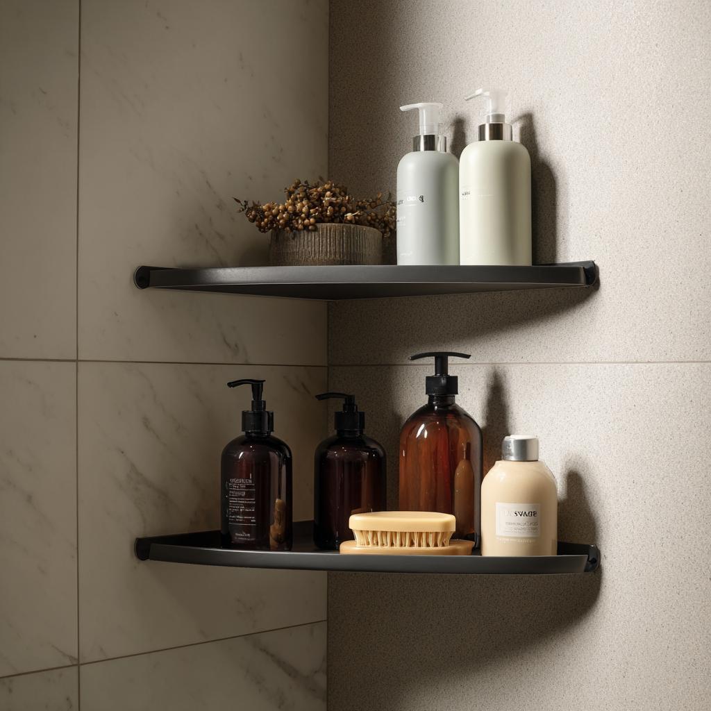 Modern bathroom corner wall shelf holding bottles and brush with clean minimalist style