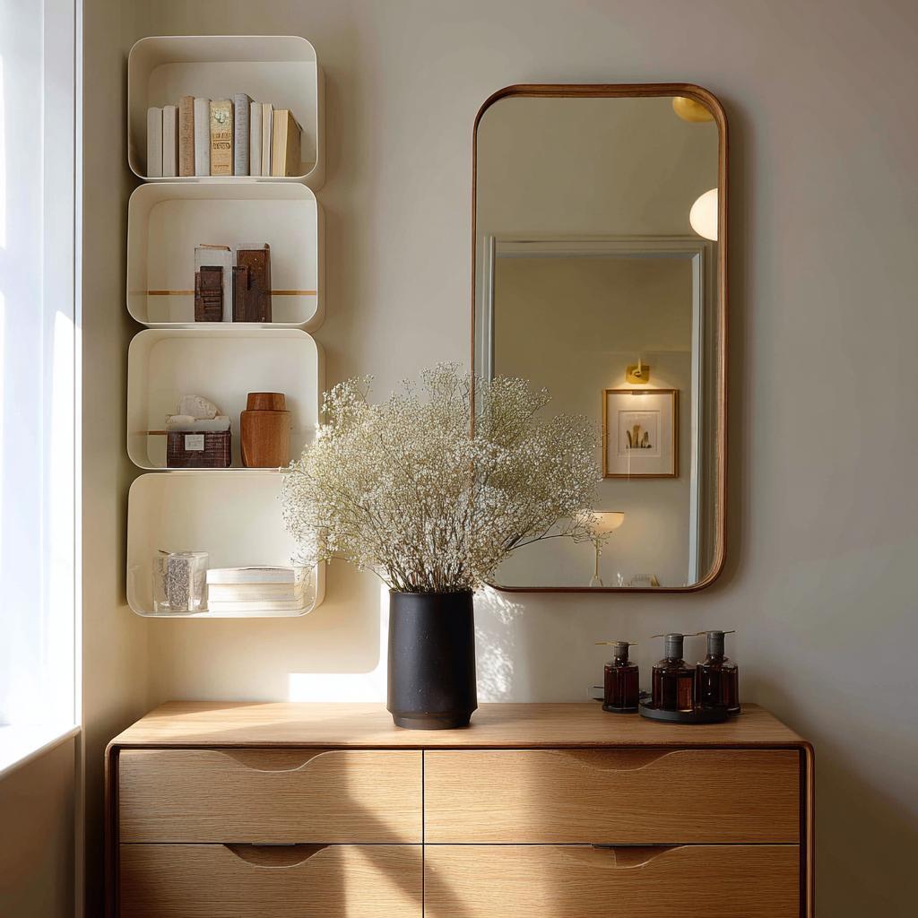 Elegant bathroom corner shelf designs with modern wall shelves mirror and stylish storage setup