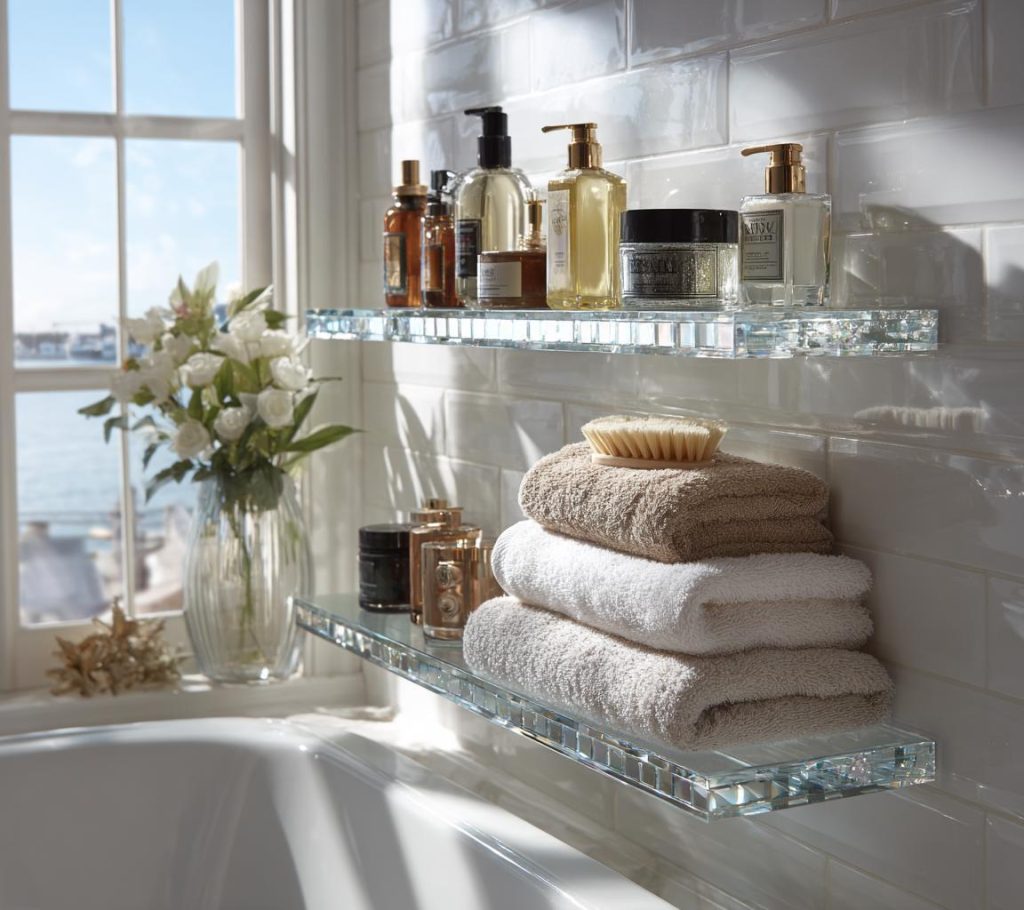 Luxury glass corner shelf bathroom with neatly stacked towels and premium skincare bottles