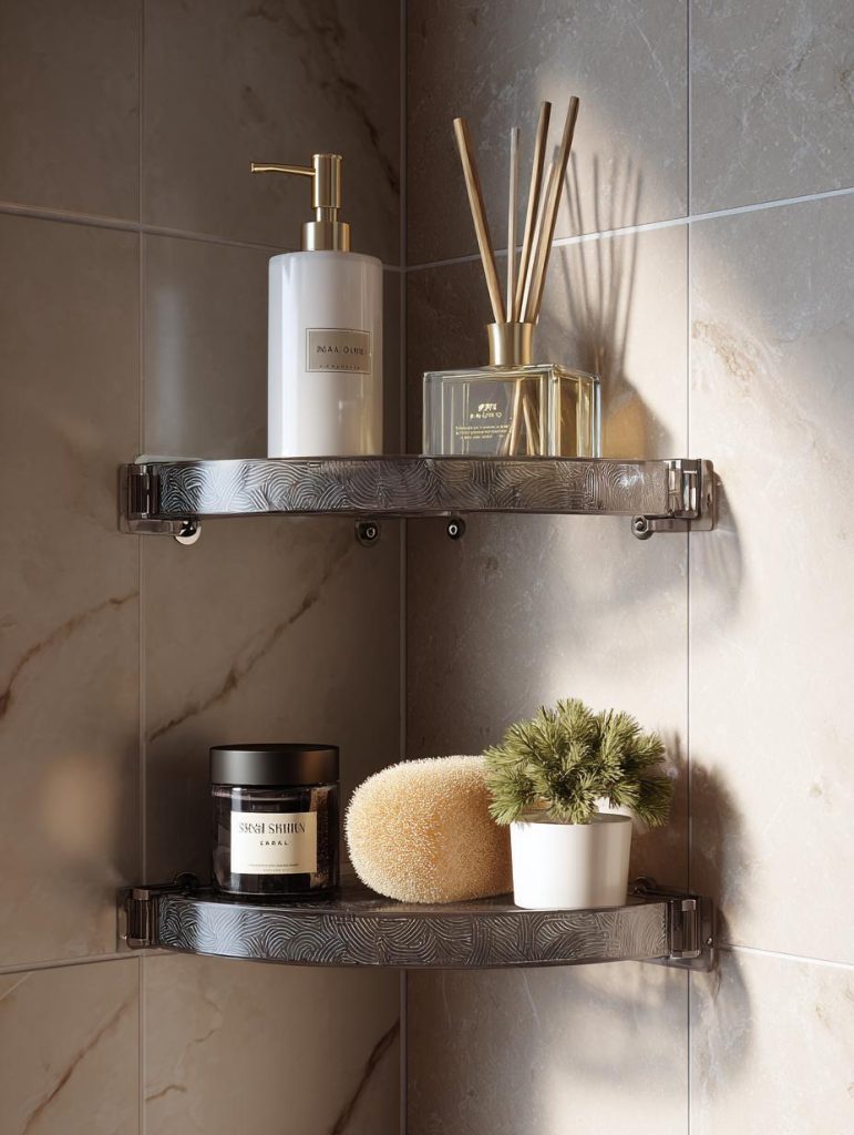 Modern bathroom corner shelf stainless steel with elegant decor, diffuser and bath essentials