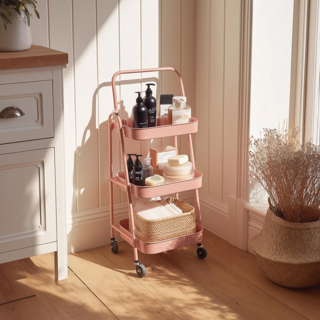 Stylish bathroom corner shelf plastic cart with skincare bottles and towels in a cozy sunlit space