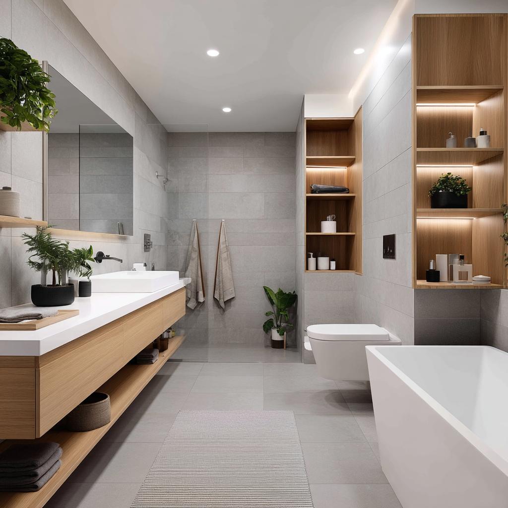 Modern bathroom corner wall shelf with wooden niches and minimalist decor in a sleek bathroom