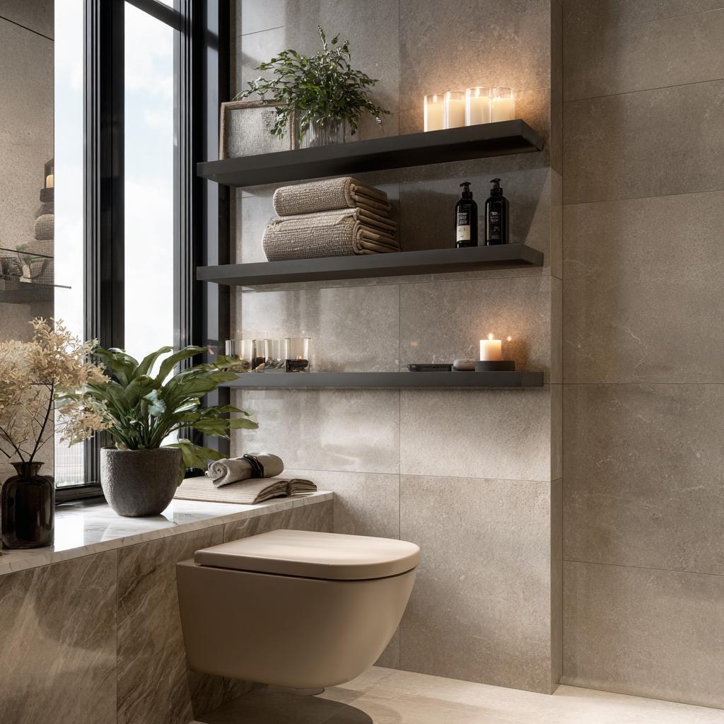 Elegant bathroom corner shelf designs with floating shelves, candles, towels and modern decor