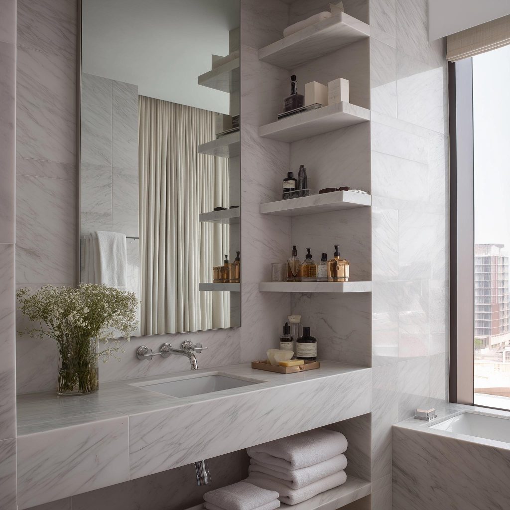 Luxury wood bathroom corner shelf with marble finish and neatly arranged skincare and towels