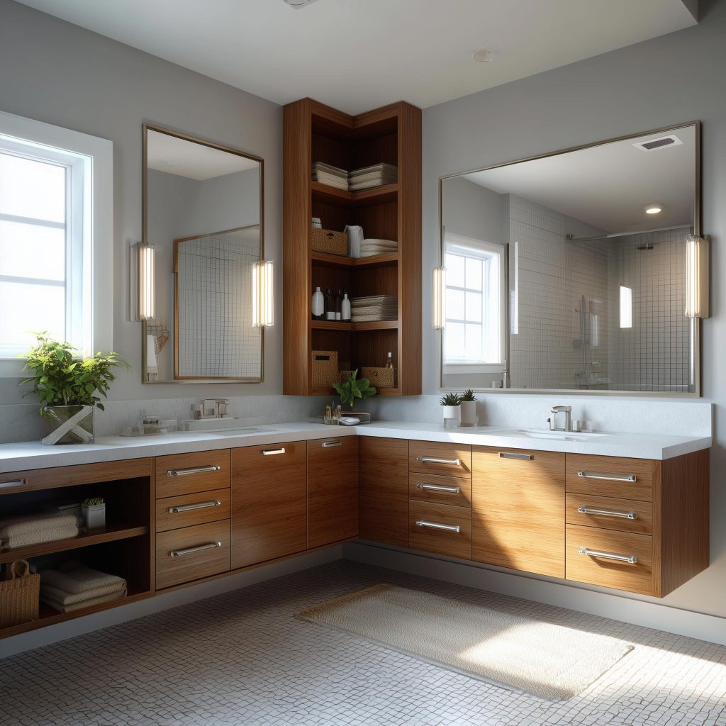 Wood bathroom corner shelf with modern vanity storage and neatly arranged towels and essentials