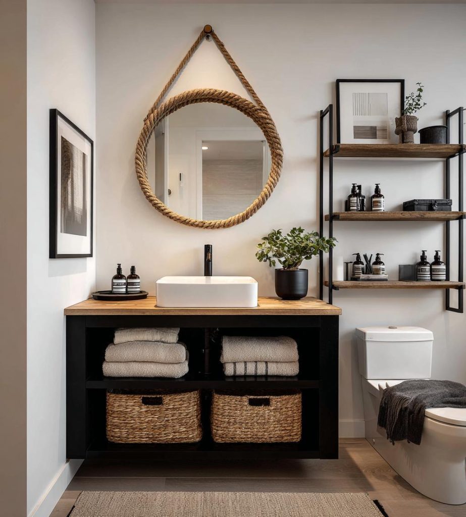 Modern bathroom corner wall shelf with rustic decor, wood vanity and stylish storage baskets