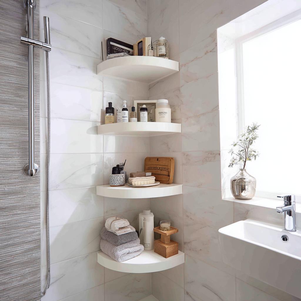 Minimalist bathroom corner wall shelf with marble tiles, toiletries and neatly stacked towels