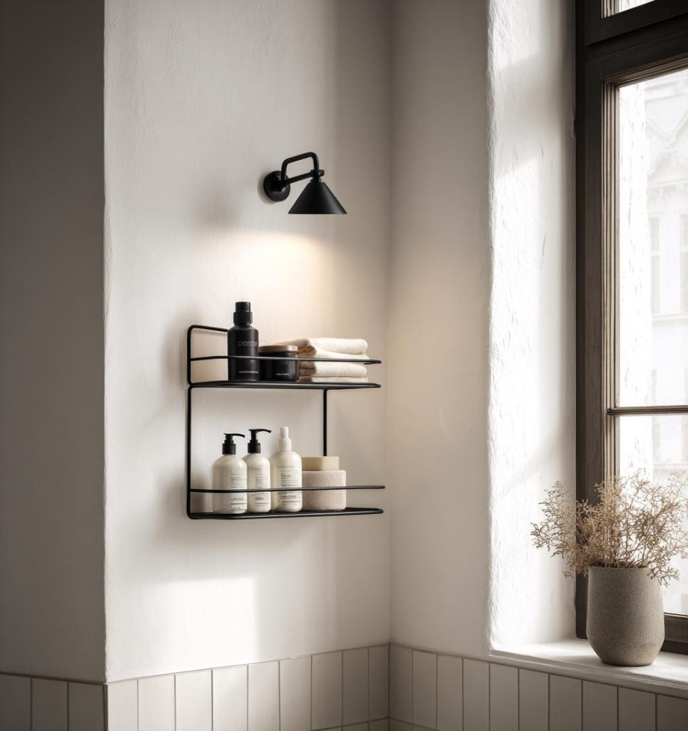 Stylish bathroom corner shelf stainless steel with black frame, toiletries and modern minimalist decor