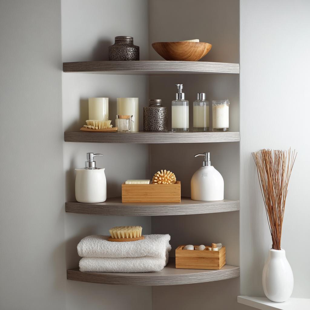 Elegant wood bathroom corner shelf with curved tiers, toiletries, candles and neatly folded towels