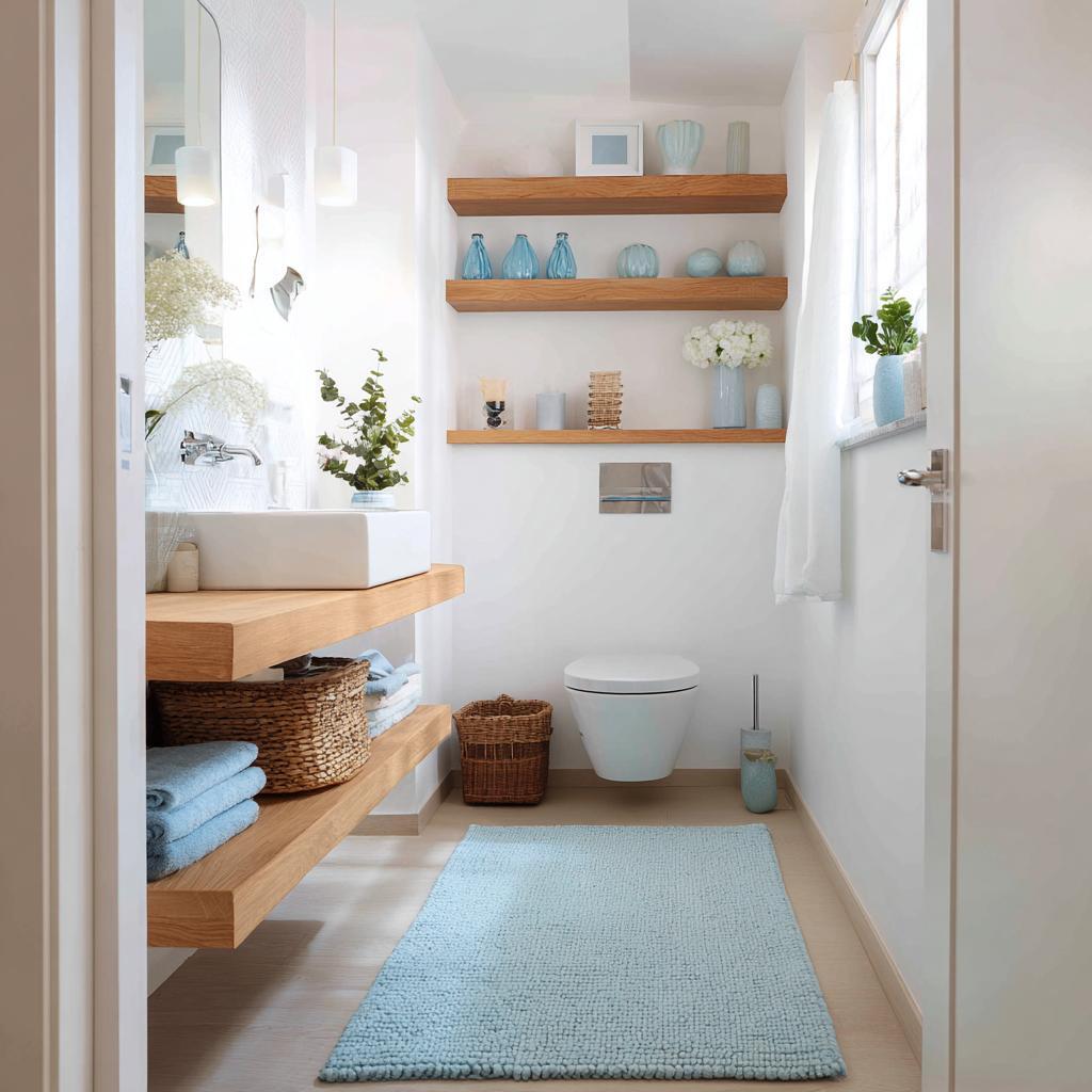 Bright wood bathroom corner shelf with floating racks, decor accents and neatly arranged essentials