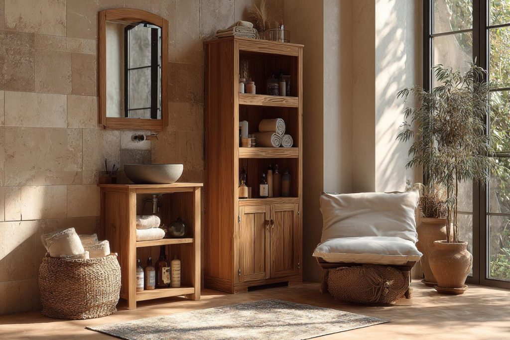 Cozy wood bathroom corner shelf with natural decor, storage cabinet and neatly arranged essentials