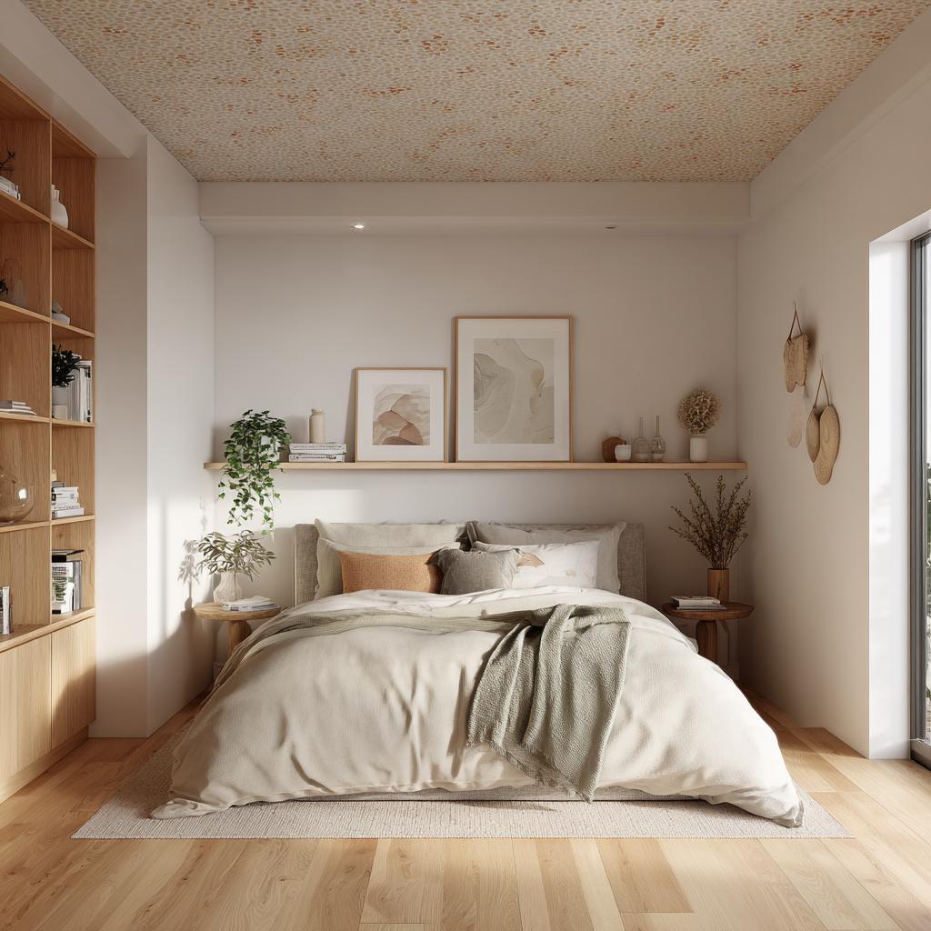Modern false ceiling design for small bedroom with warm lighting, minimalist decor and cozy aesthetic