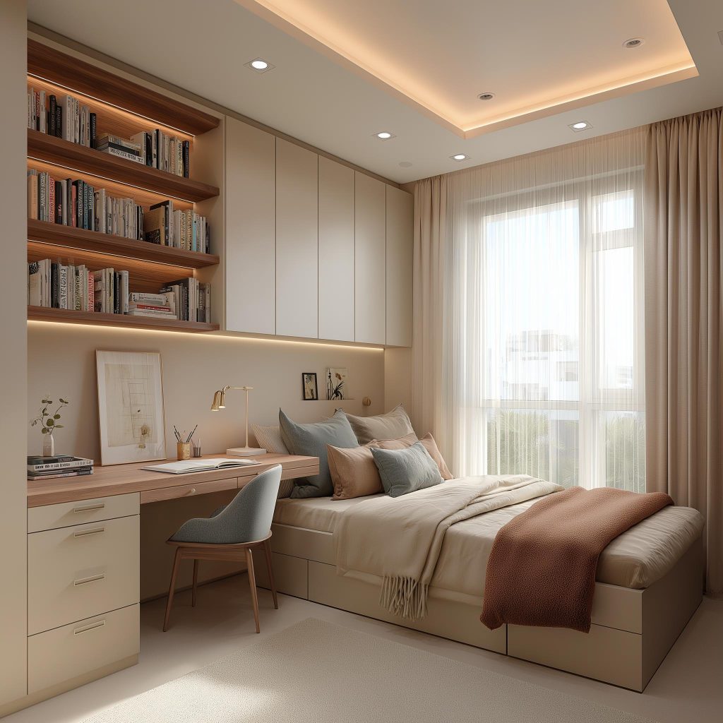 Cozy small bedroom ceiling design with warm lighting, study nook and modern space-saving furniture