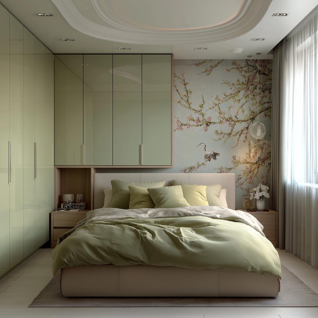 Elegant small bedroom ceiling design with curved false ceiling, soft lighting and modern decor