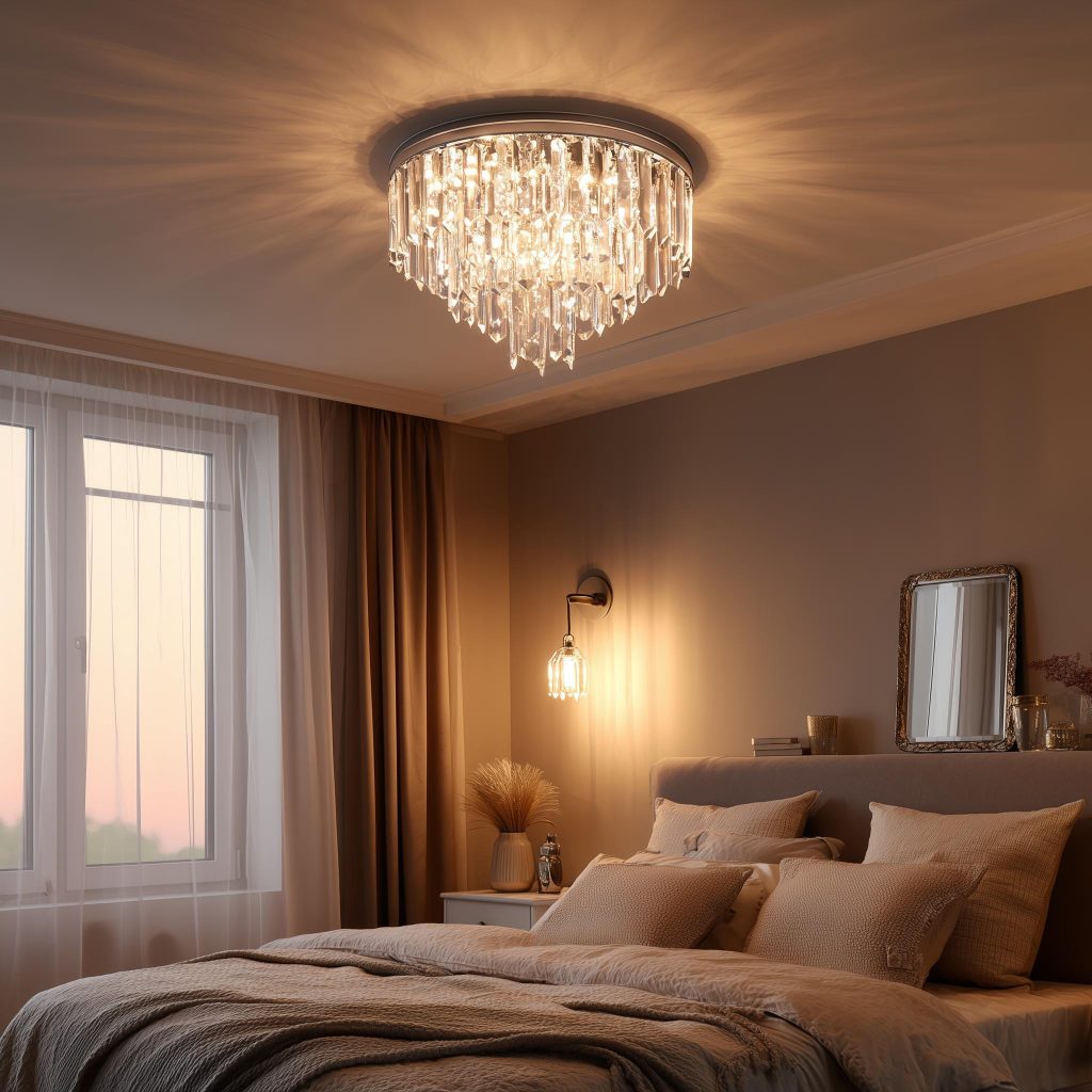 Elegant small ceiling lights for bedroom with crystal chandelier, warm glow and cozy modern decor