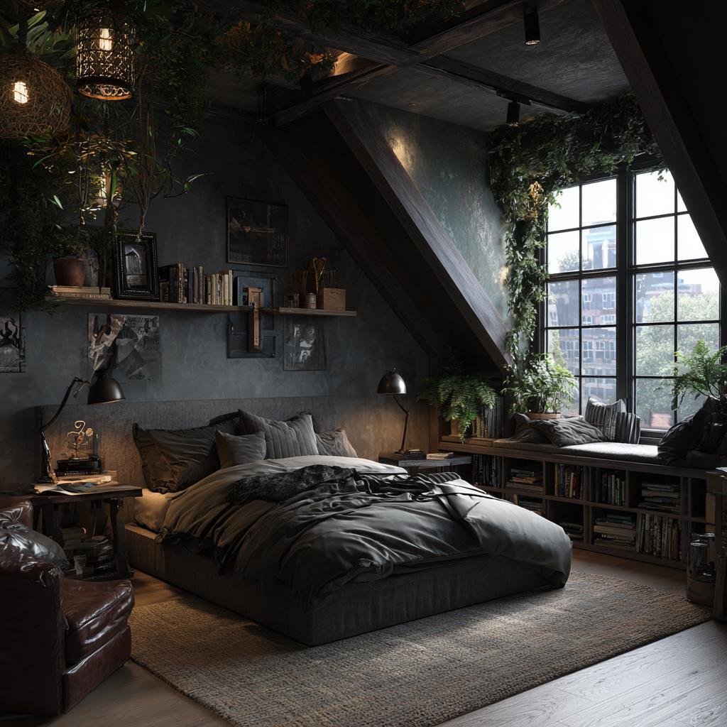 Cozy small attic bedroom sloping ceilings with warm lighting and modern rustic decor