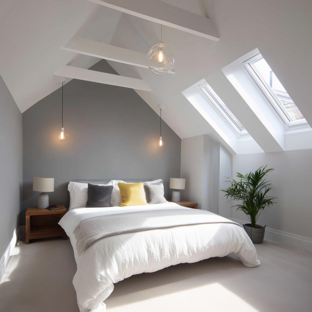 Bright small attic bedroom sloping ceilings with skylights and minimal modern cozy setup