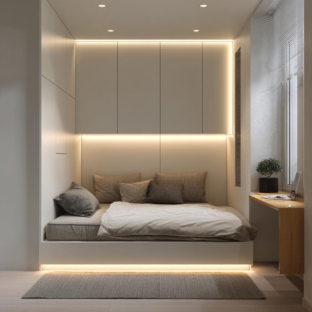 Minimal modern false ceiling design for small bedroom with soft lighting and compact cozy layout