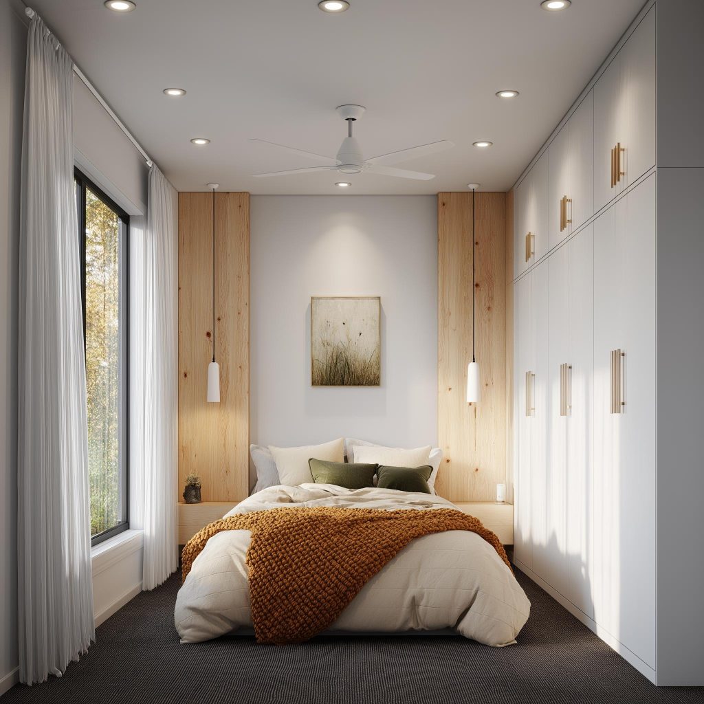 Stylish small bedroom ceiling design with recessed lights and clean modern cozy layout