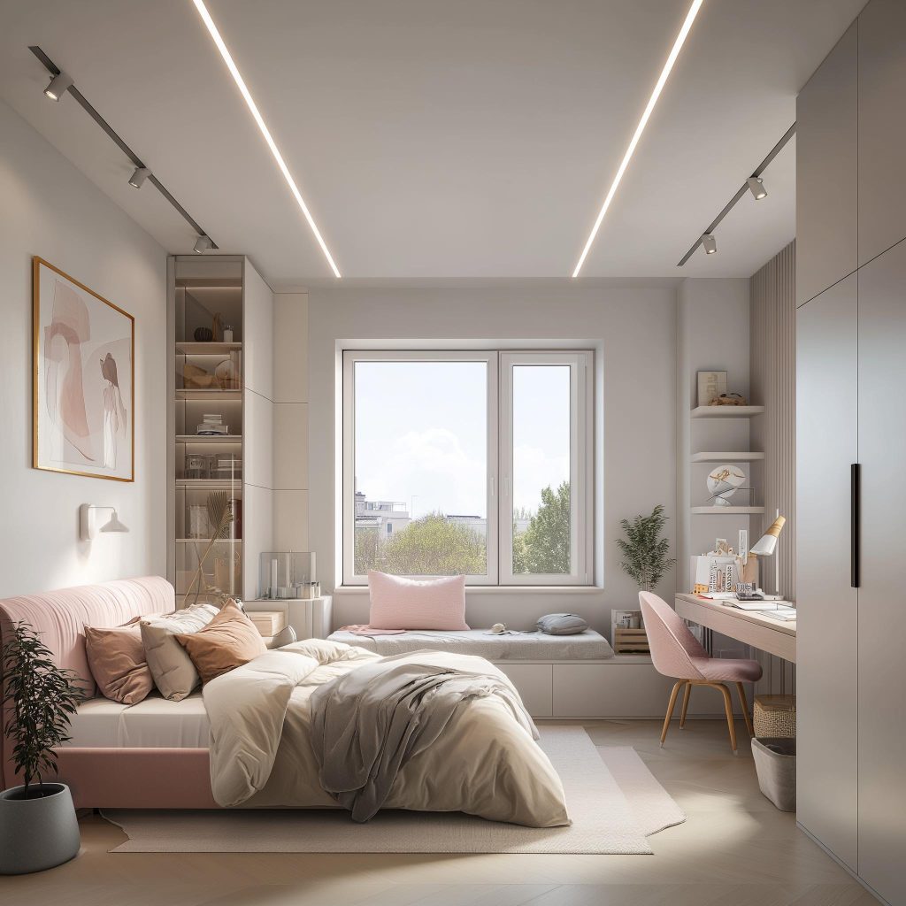 Modern small bedroom ceiling design ideas with linear lights and soft minimal decor