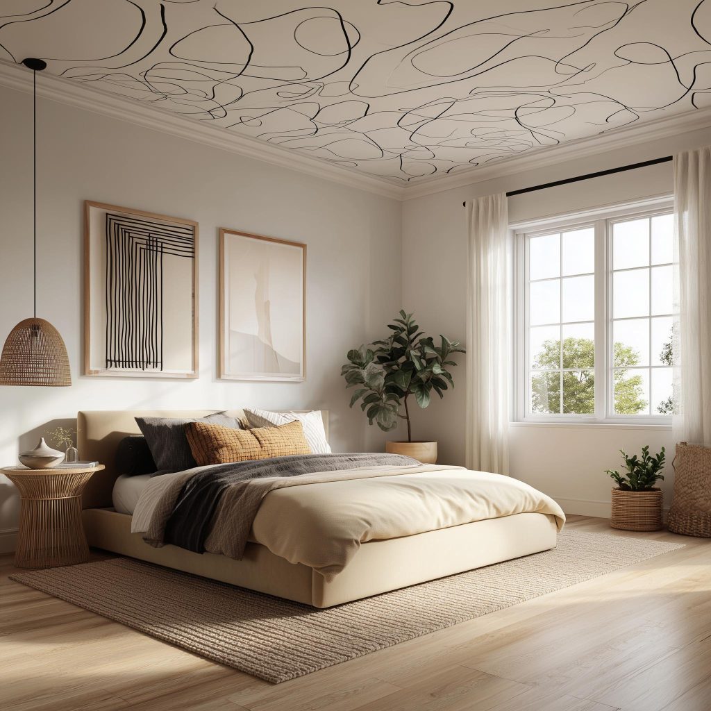 Creative small bedroom ceiling design ideas with artistic pattern and warm modern decor